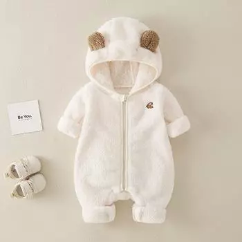 Newborn Baby Clothes Spring and Autumn Jumpsuit One Month Old Baby Fleece-lined Hooded Romper Super Cute Cartoon Early Autumn and Winter Tide Beige 66cm (recommended 0-3 months, 4-6kg)