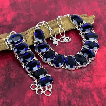Невероятные ювелирные изделия из граненого синего сапфира, комплект ювелирных изделий из ожерелья и браслета ручной работы для нее, набор из стерлингового серебра 925 пробы для подарка Adjustable With 8 -18 синий