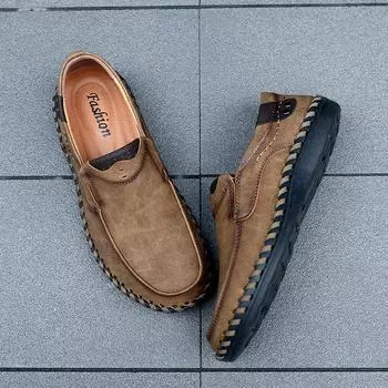 Newest Comfortable Casual Shoes Loafers Men Shoes Quality Split Leather Shoes Men Flats Hot Sale Moccasins Shoes Big Siz 39 хаки