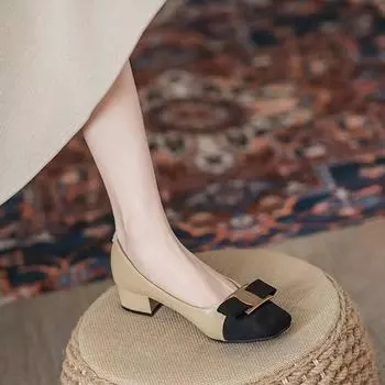 Newest Fashion Metal Buckle Leather High Heels Spring Autumn Cowhide Women s Shoes Soft Comfortable Work Shoes Zapatos Mujer 34 бежевый