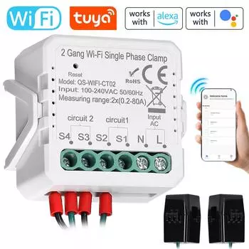 Новейший счетчик энергии Tuya WiFi 1/2 Gang 80A однофазный зажим солнечный PV двунаправленный двухсторонний APP Control трансформатор тока