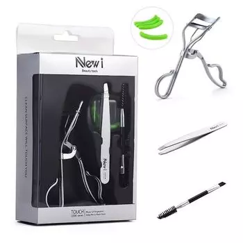 Newi Eye Eyelash Curler Set Eyebrow Tweezers Set Curly Hair Clip Eyebrow Makeup Tool Bags Assembly Replacement Silicone Silver