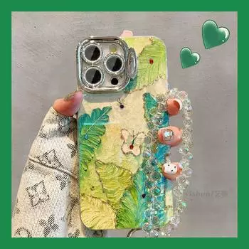 Невидимая защитная пленка для крепления объектива Чехол для телефона для iPhone 15 14 plus 11 12 13 Pro Max 12pro 15pro Зеленый банановый лист с узором в виде бабочки Задняя крышка for iphone 11 зелёный