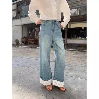 NEWOPEN 2025 Ранняя весна, широкие прямые джинсы с французским кружевом для женщин C3328 Large светло-синий