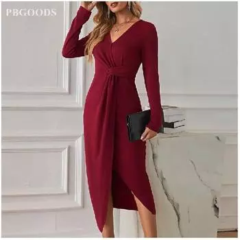 NewVCollar Темпераментная юбка-миди Сексуальная французская юбка с разрезом и длинными рукавами S вино красного