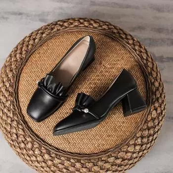 Невысокие каблуки модные средний каблук толстый каблук профессиональная работа 34 чёрный