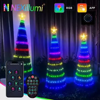 Nexillumi WS2812B Рождественская елка Верхушки Светильники со звездой, RGB Музыка Фея Водопад Рождественское приложение Домашний двор Праздничное украшение 1.8m&US PLUG