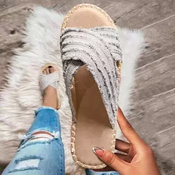 Независимая станция желает больших размеров с открытым носком и плоской подошвой женские летние 2025 новые джинсовые тапочки с подошвой из пеньковой веревки с одним словом 35 серый