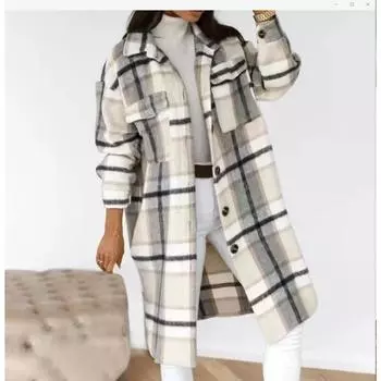 Независимая станция желает Европе и Соединенным Штатам осень и зима длинное шерстяное пальто с длинными рукавами и пуговицами на лацканах в клетку S хаки