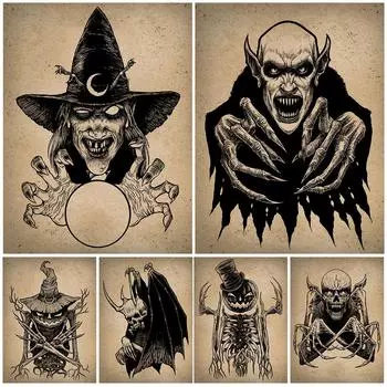 Неживая ведьма, вампир, старая ведьма, винтажная настенная живопись маслом, готический ужас, призрачный художественный постер 21cm30cm NoFrame