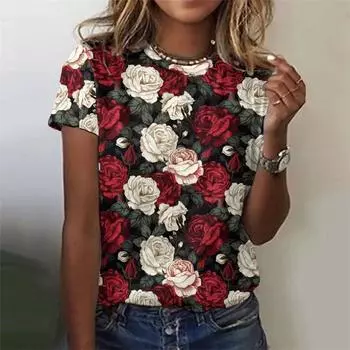 Нежная футболка с рисунком розы для женщин, футболки с 3D-принтом «Цветы и растения», летние повседневные свободные футболки с круглым вырезом и короткими рукавами S