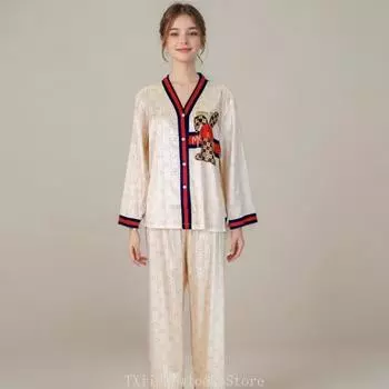 Нежная и прохладная пижама из ледяного шелка с длинными рукавами, женский костюм с милым кроликом, свободная женская весенняя одежда для дома высокого класса M бежевый