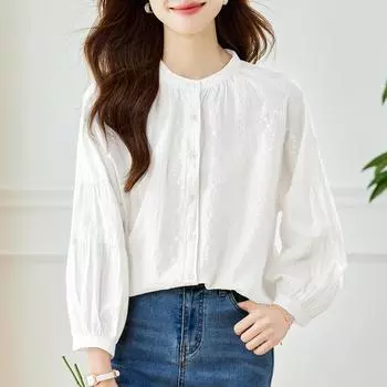 Нежная кружевная вышитая рубашка с длинным рукавом для женщин. Летний новый стиль, шикарная рубашка. M