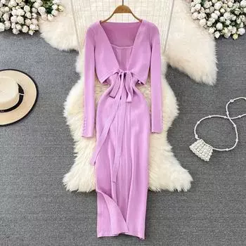 Нежная ретро темпераментная короткая блузка с v-образным вырезом и высокой талией на шнуровке, трикотажное платье с подтяжками, комплект из двух предметов