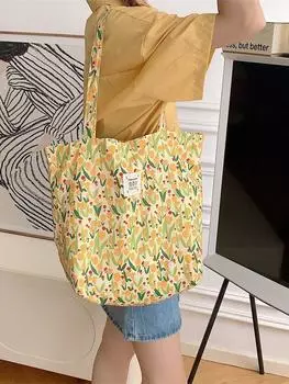 Нежная сумка-тюльпан из хлопка, сумка через плечо из холста, женская сумка для книг, часто сочетается с рюкзаком, сумкой для покупок.