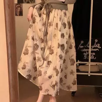 Нежная юбка с принтом чернил фэн-шуй длиной до локтя для женщин на лето, универсальная юбка А-силуэта, узкая юбка средней длины с завышенной талией и плиссированная юбка S