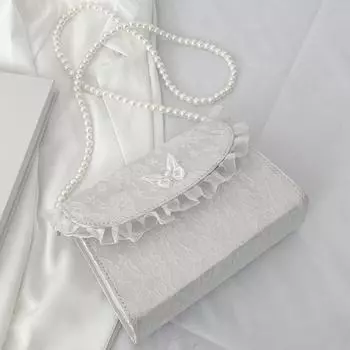 Нежная женская сумка через плечо, нежный стиль, белая сумка через плечо с жемчужной цепочкой, маленькая квадратная сумка, подарок на день рождения, свидание 1