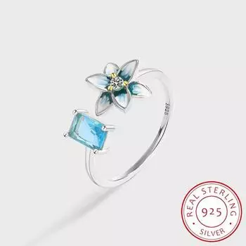 Нежное эмалевое кольцо с сапфировым цветком и полным бриллиантом, пара колец для женщин, красочное синее оригинальное стерлинговое серебро, свадебный подарок, ювелирные изделия Resizable синий