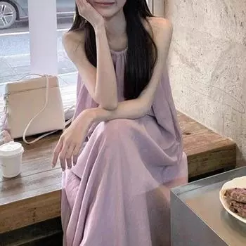 Нежное фиолетовое платье с бретелью через шею и подтяжками для женщин в летнем стиле, свободная узкая юбка А-силуэта с длинными рукавами S