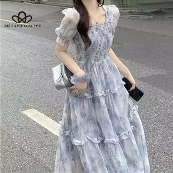 Нежное французское платье, лето 2024, сказочное платье с квадратным воротником и цветочным принтом, длинное платье в клубном стиле, отпускное платье S