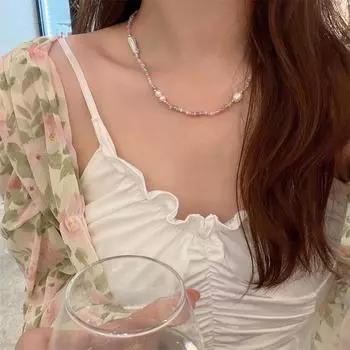 Нежное и милое многослойное колье на шею с розовым жемчугом в стиле барокко и бусинами 40CM