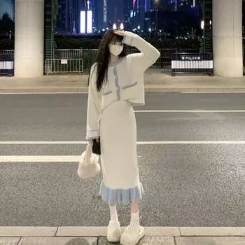 Нежное молочное парное молочное милое платье из двух предметов, комплект из свитера, женское корейское осенне-зимнее женское платье, свитер, кардиган, женский