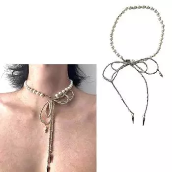 Нежное ожерелье-бантик, стильное жемчужное ожерелье с бусинами, завязывающееся колье для женщин и девушек, модная цепочка на ключицу