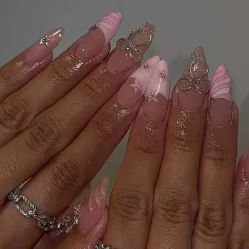 Нежное сверление звезд, французский трехмерный бант, милые и универсальные съемные элементы для нейл-арта, миндальные ногти, 24 шт.