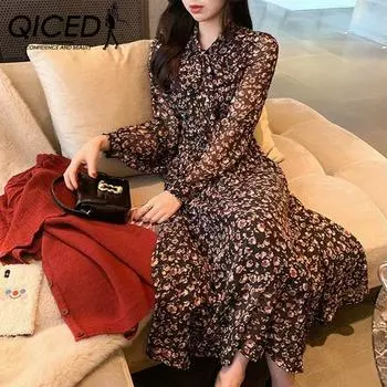 Нежное винтажное шифоновое платье с длинными рукавами QICED, весенне-осеннее французское платье средней длины с v-образным вырезом и темпераментом M красный