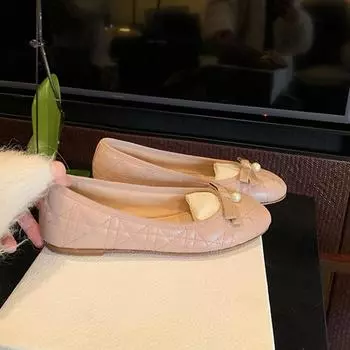 Нежные балетки из овчины с бантом и жемчугом, с неглубоким носком, женские, весна и осень 35 чёрный