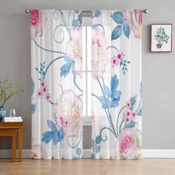 Нежные белые пионы, Тюлевая оконная занавеска для гостиной, спальни, вуаль, прозрачные шторы, кухонные шторы, занавески 135W x 114H(cm)