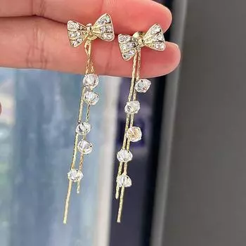 Нежные длинные серьги с бахромой из кристаллов, женские серьги-гвоздики с бриллиантами и бантиками Ins Tide, украшения для ушей