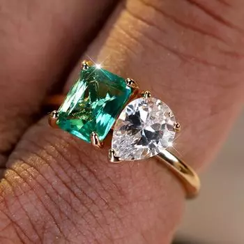 Нежные квадратные геометрические кольца с кубическим цирконием в форме капли воды для женщин, блестящие обручальные кольца с кубическим цирконием, ювелирные изделия 6 зелёный/золотой