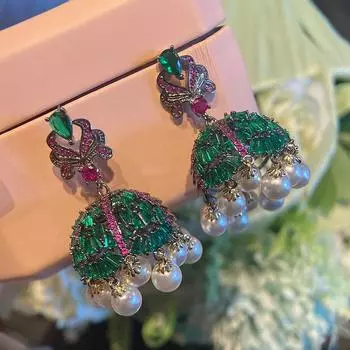 Нежные маленькие серьги в виде колокольчиков ветра, слегка инкрустированные цирконами, цветные колокольчики, серьги-гвоздики с бахромой из жемчуга, женская мода синий