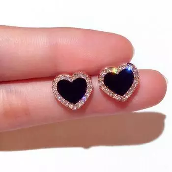 Нежные милые хрустальные серьги в форме сердца, черные серьги-гвоздики, романтические женские модные ювелирные изделия, подарок чёрный