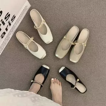 Нежные полутапочки на плоской подошве Весна и лето Фея Цепочка Темперамент Туфли Мэри Джейн Нежные одинарные туфли 35 хаки