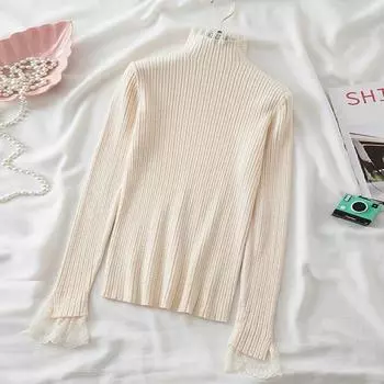 Нежные полувысокие кружевные свитера с высоким воротником, женские осенние и зимние вязаные свитера, женские тонкие пуловеры с длинными рукавами 17682 One Size белый