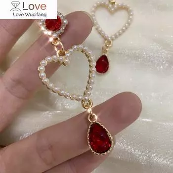 Нежные ретро-барочные серьги-клипсы в форме сердца с жемчугом, темпераментные французские красные капли воды, длинные серьги-клипсы без пирсинга