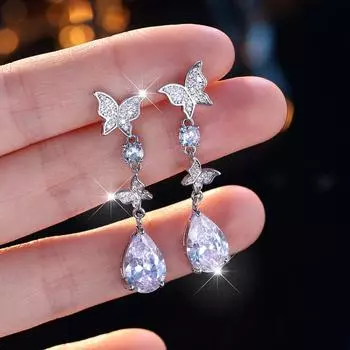 Нежные серьги с кисточками в виде бабочки и капли воды для женщин, блестящие свадебные серьги, креативные ювелирные изделия, темпераментные аксессуары для вечеринок для девочек, подарки серебряный/белый