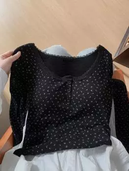 Нежные теплые милые топы с цветочным принтом в стиле Харадзюку для женщин, винтажные кружевные топы с круглым вырезом и пуговицами, с длинным рукавом, облегающие топы с подкладкой для груди, повседневные S белый