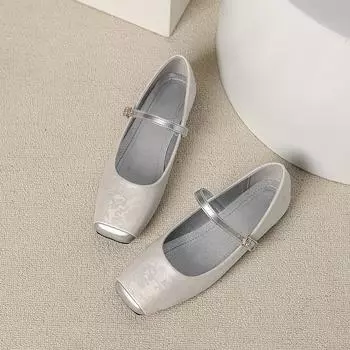 Нежные туфли Мэри Джейн Женские туфли Небольшая горловина Квадратная головка Мягкая подошва Плоская подошва Одиночные туфли 35 серый