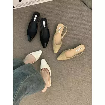 Нежные вечерние босоножки на низком каблуке с сумкой на голове женские французские теплые хаки с острым носком маленькие ароматные темпераментные толстые каблуки пустые одинарные туфли женские 35