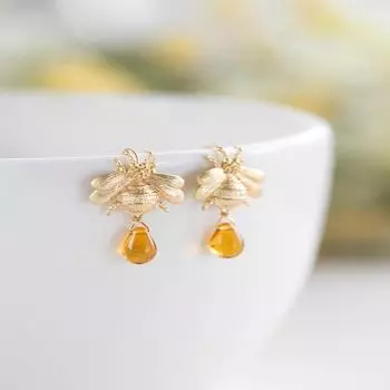 Нежные великолепные серьги в виде пчелы, металлические медовые серьги, женские серьги-капли из янтаря, ювелирные изделия бронзовый