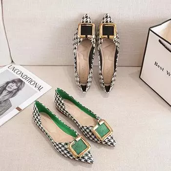 Нежные женские туфли на плоской подошве с острым носком, женские туфли с узором «гусиная лапка» и ремешками, на низком каблуке, женские повседневные дизайнерские туфли с металлической квадратной пряжкой 33 чёрный