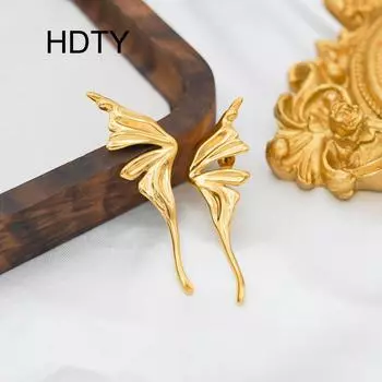 Нежные жидкие серьги-гвоздики в форме крыльев бабочки, титановая сталь, покрытая 18-каратным золотом, персонализированные креативные симметричные серьги золотой