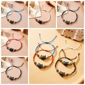 Нежный черный плетеный веревочный браслет с маленькой кошкой, модная женская цепочка на руку с маленьким черным котом style 2