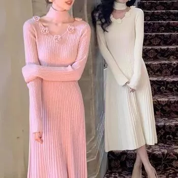 Нежный французский дизайн цветочный шарф вязаное платье для женщин осень и зима новый стиль темперамент длинные женские платья One Size чёрный