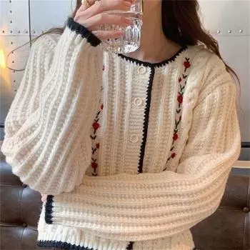 Нежный французский круглый вырез, сладкий ветер, цветок, контрастный цвет, подгибка, осень и зима, мягкий восковой трикотажный свитер, женская кофта-свитер one size fits all белый