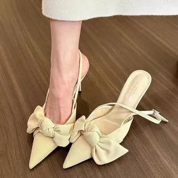 Нежный французский! Сандалии с заостренным носком и бантом на высоком каблуке для женщин, с застежкой-молнией сзади, одинарные 35 абрикосовый