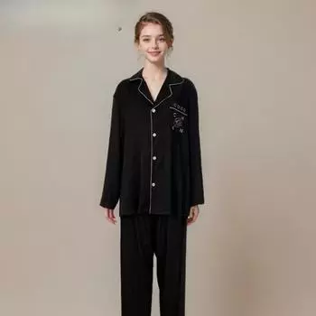 Нежный и прохладный шелковый пижамный женский костюм с длинными рукавами, черно-белый, камелия, весна, свободный женский M чёрный